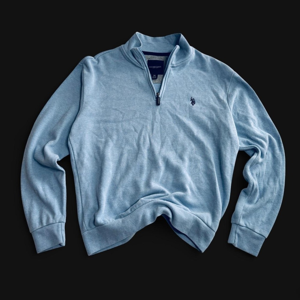 US Polo Assn Mens Light Blue Quarter Zip Ribbed Pullover Sweater Size M